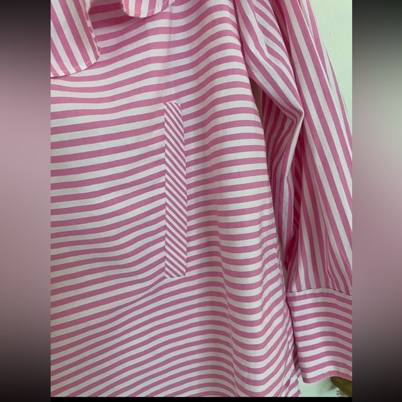 V Cristina White/Pink  Pinstripe Cold Shoulder Asymmetric Button Down Shirt L - Picture 8 of 9